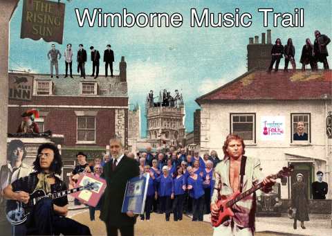 Collage of musicians shown in front of Wimborne buildings