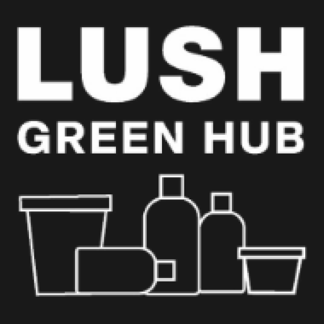 White text on black say LUSH Green Hub with line drawings of outlines of bottles and tubs