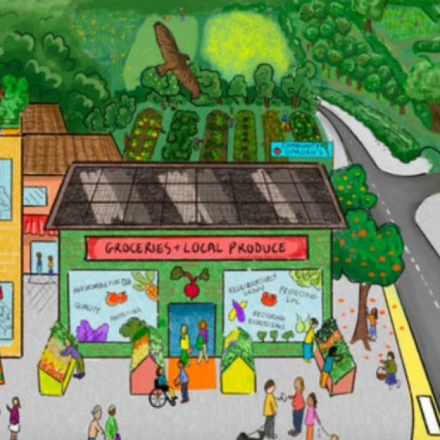 Artists impression of what a sustainable town is like with pdestrians and local shops